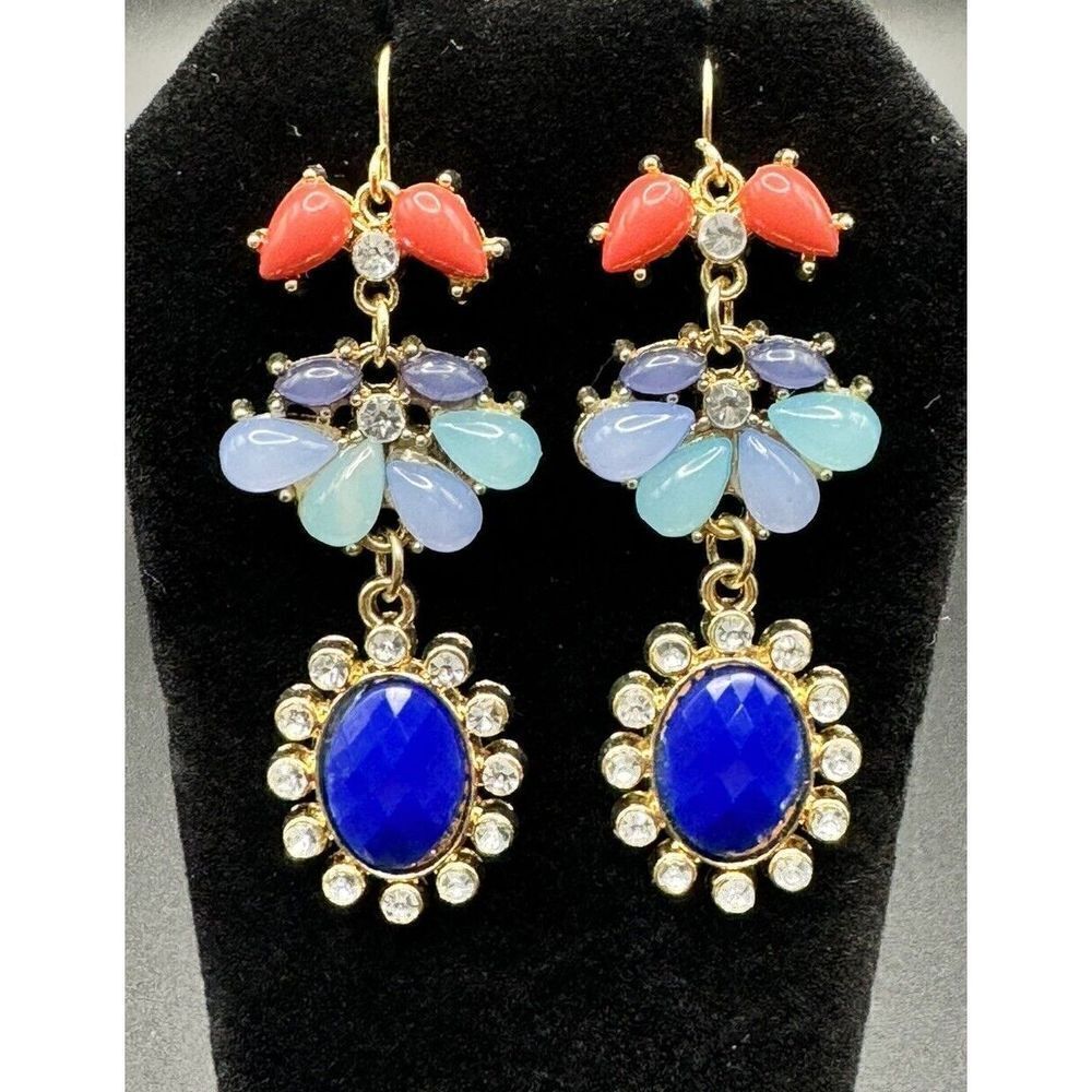 Gold Tone Multicolor Acrylic Rhinestone Chandelier Style Dangle Earrings - Picture 1 of 6